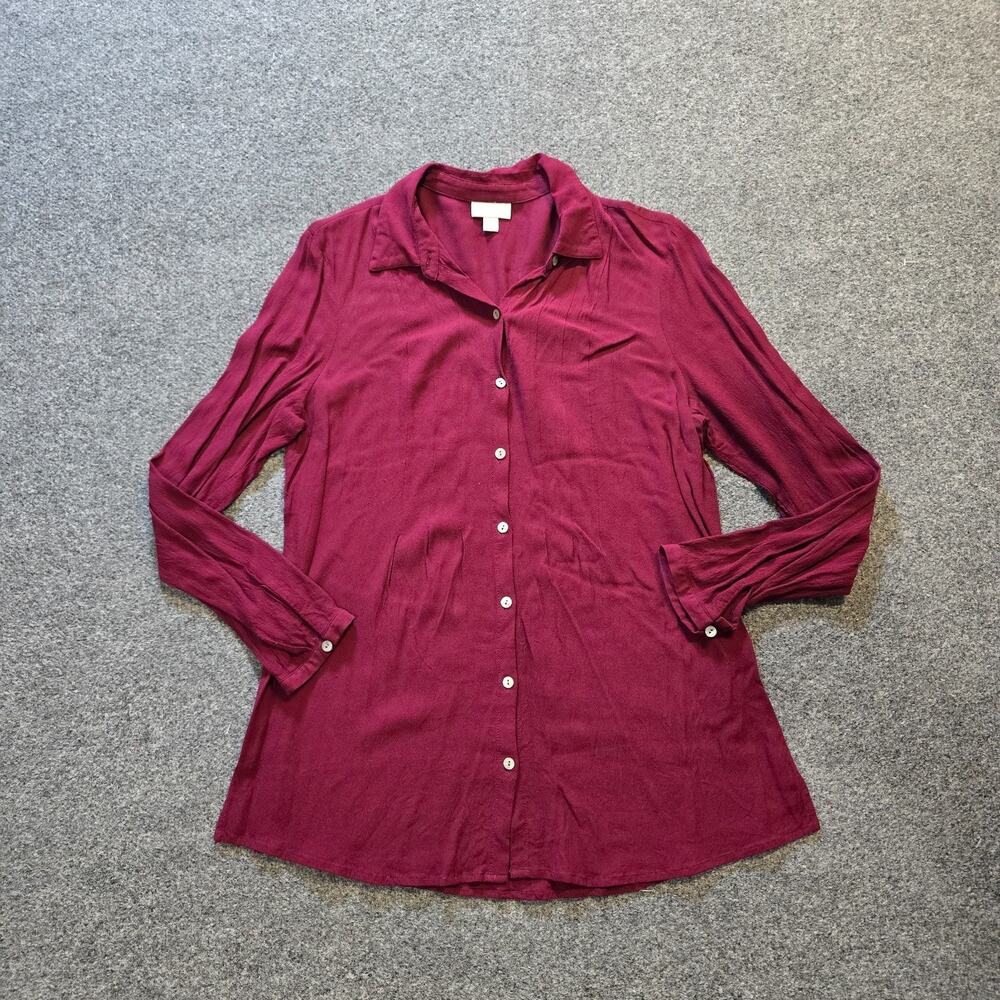 J Jill Top Women Size Medium Red Button Up Tunic Long Sleeve Lightweight Casual
